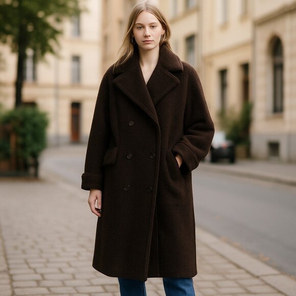 NWT Stoosh Sherpa Fabric  Teddy Double-Breasted Long Coat   IN BRACKEN - Picture 1 of 8